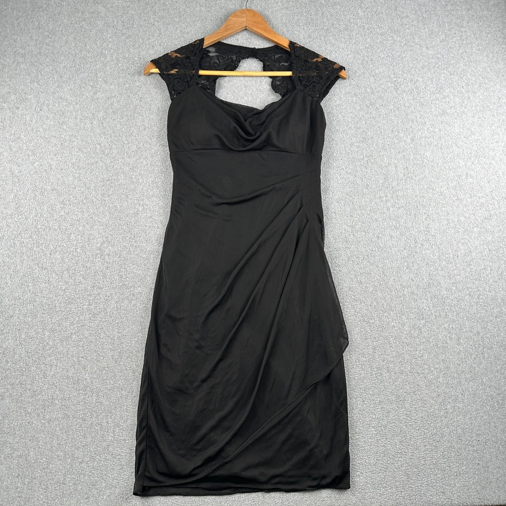 XSCAPE Dress Womens 4 XS333D Black Lace Cap Sleeve Cowl Neck Ruched Back